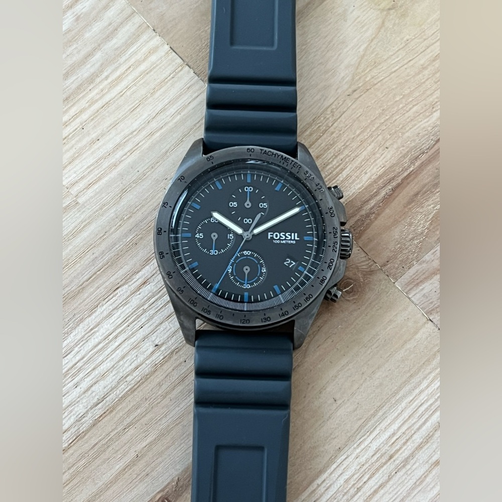 Fossil Chronograph Men’s Watch Black Dial Blue Markers Blue Silicone Strap - Picture 7 of 15